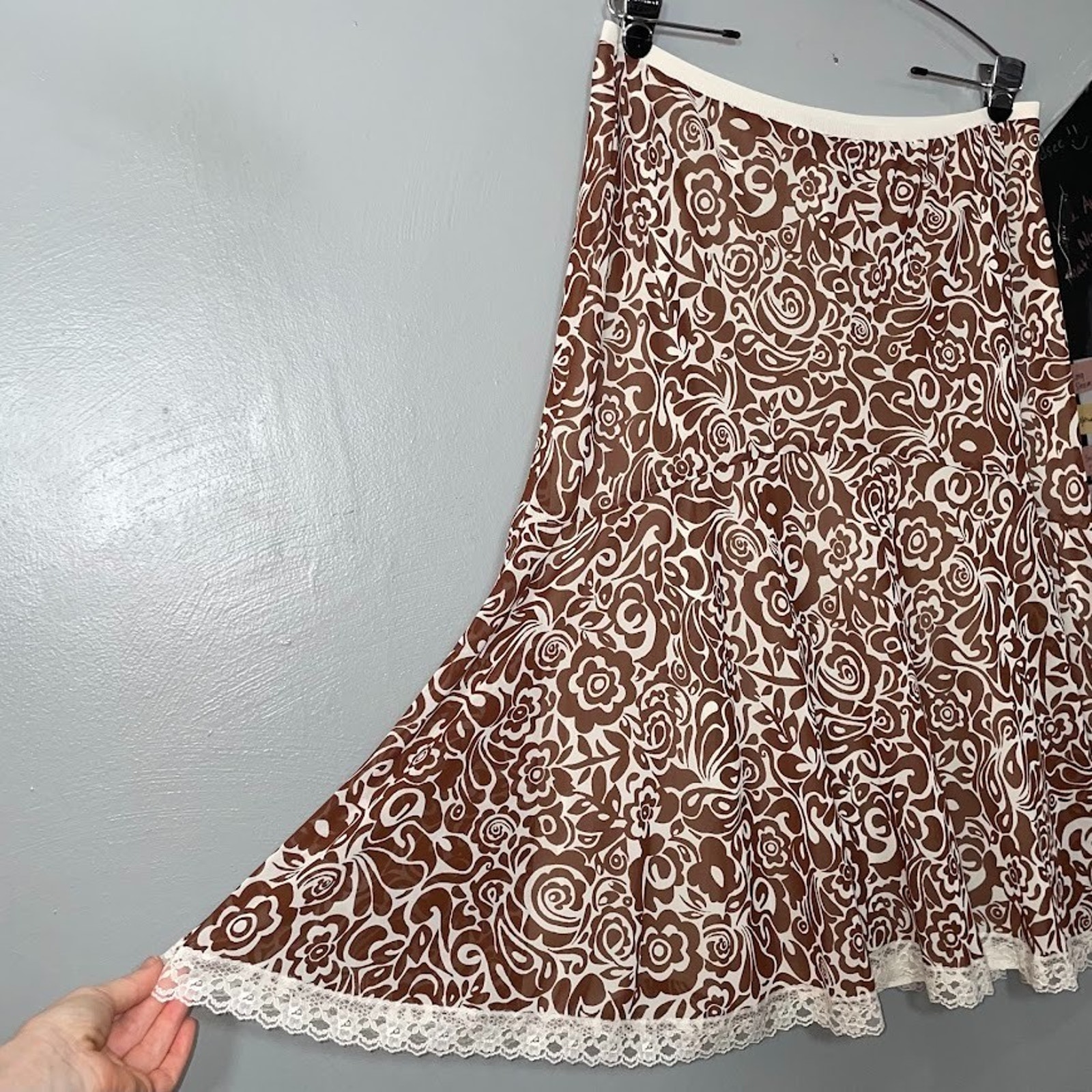 Nicole Miller Flare Skirt Size 14 Brown White Floral Chiffon Lace Trim Y2k Fairy